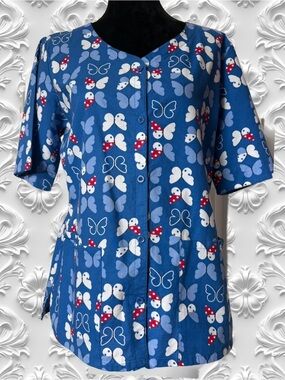 Smart Scrubs Blue Butterfly Print Button-Down MEDIUM Top